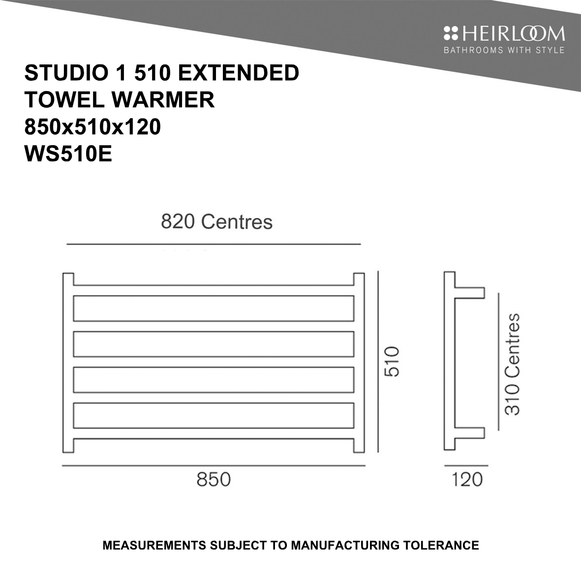 Heirloom Studio 1 ESP Extended Heated Towel Rail | 510 x 850mm - Chrome