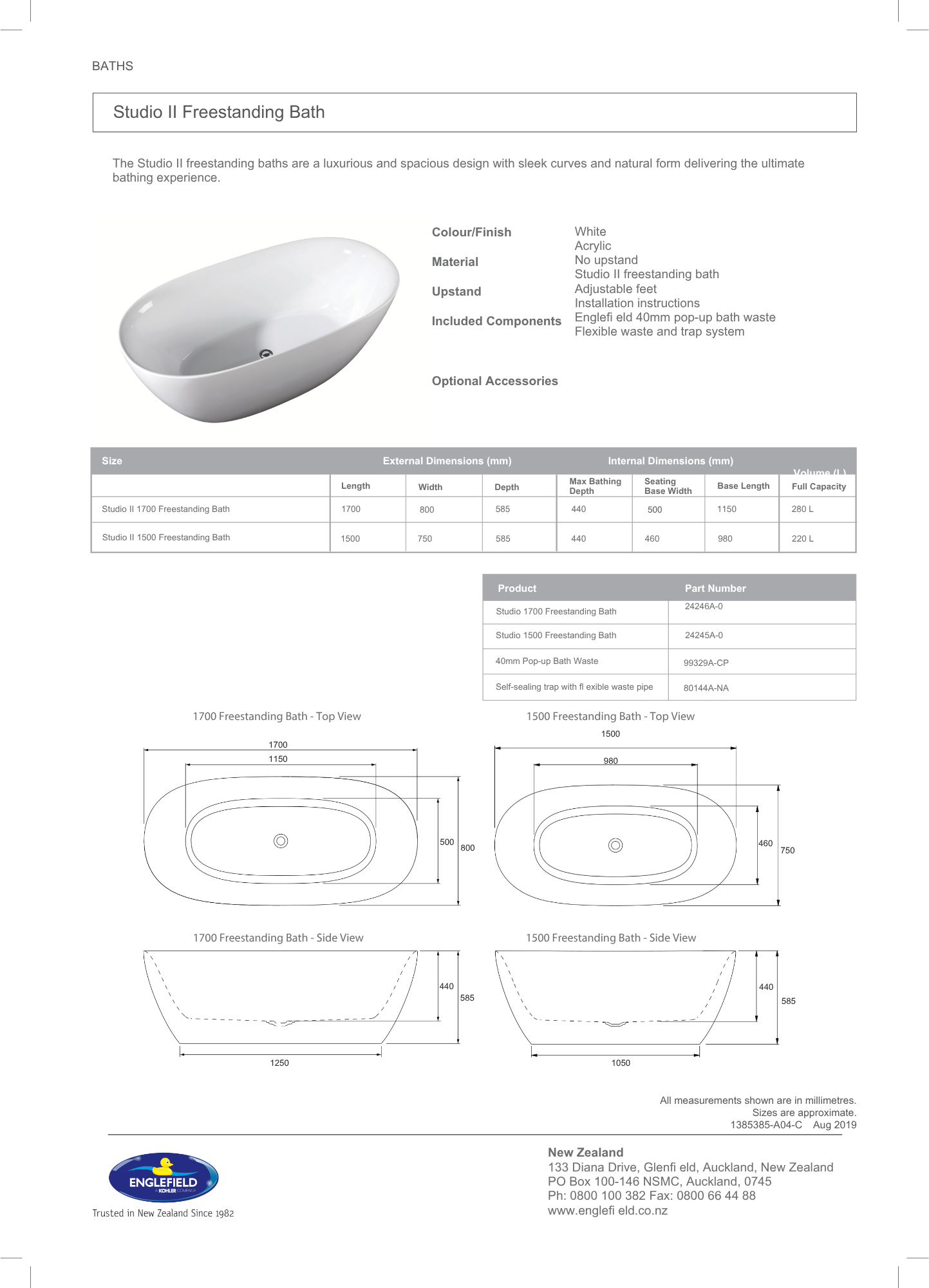 Englefield Studio II Freestanding Bath 1700mm