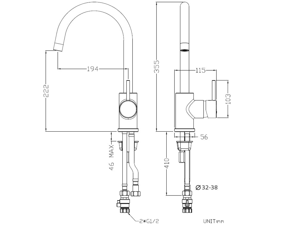 Elementi Uno Gooseneck Kitchen Mixer - 5 Colour Options