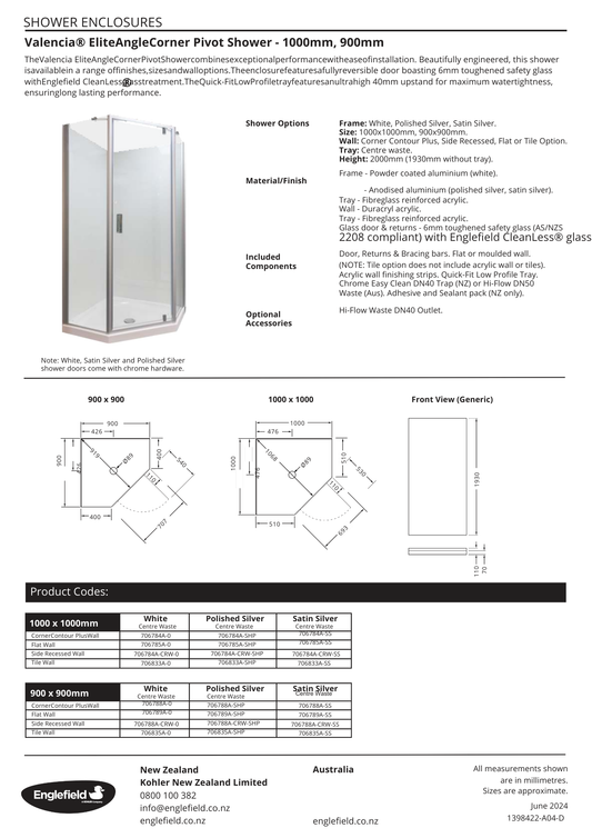 Valencia Elite Angle Corner Shower 900mm x 900mm Satin Silver - 3 Wall Options