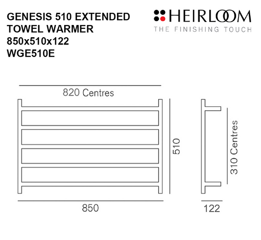 Heirloom Genesis ESP Extended Heated Towel Rail | 510 x 850mm - Chrome