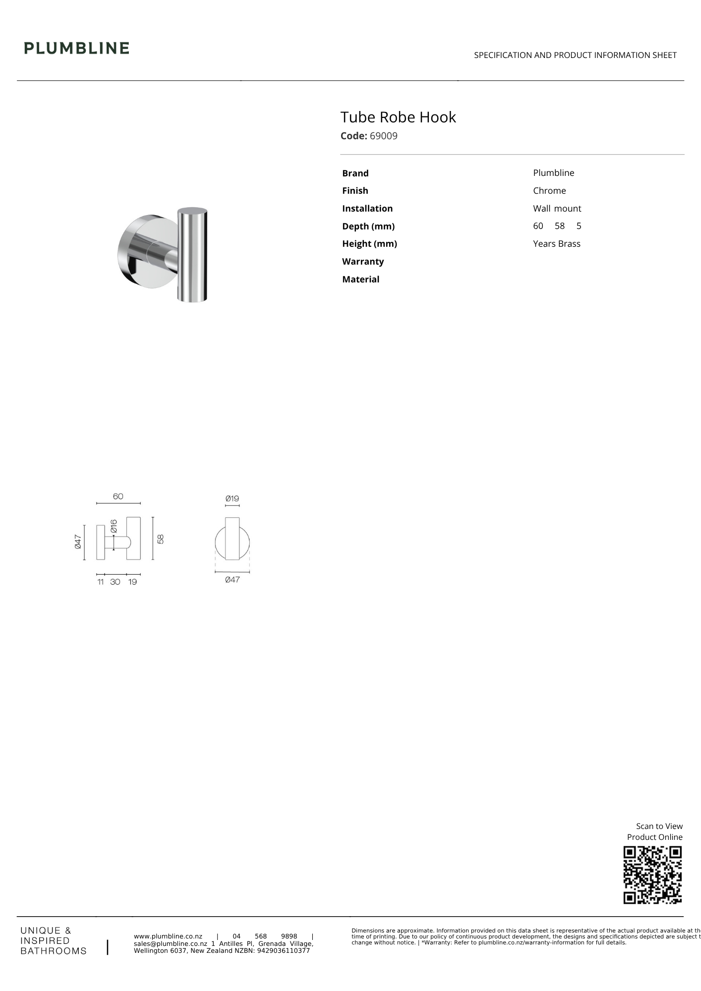 Plumbline Tube Robe Hook - 5 Colour Options
