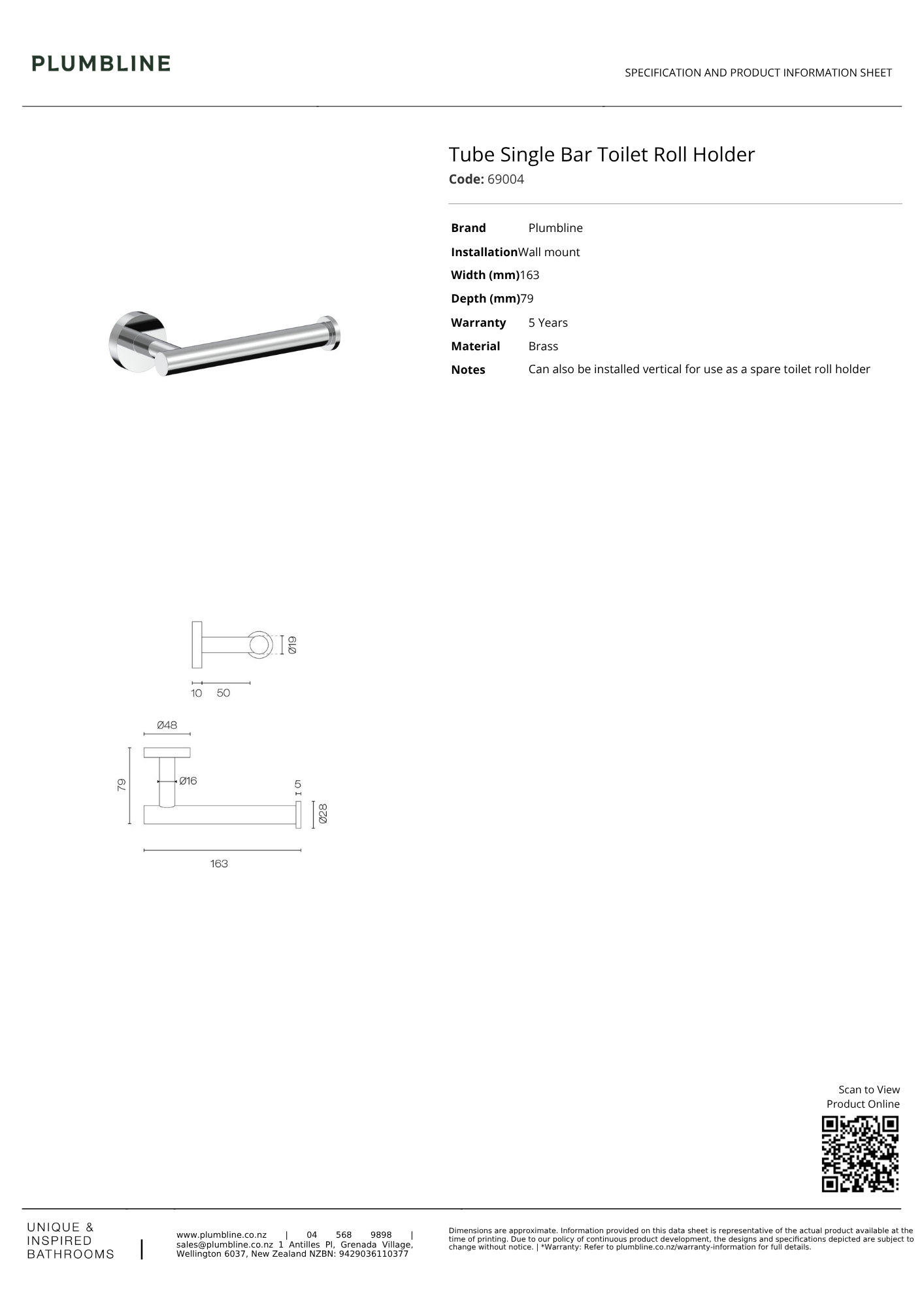 Plumbline Tube Single Bar Toilet Roll Holder - 5 Colour Options