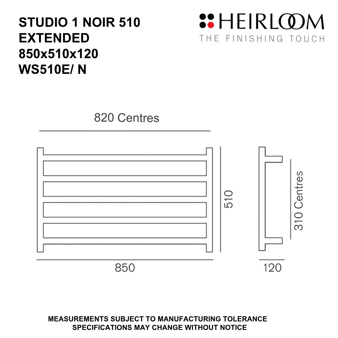 Heirloom Studio 1 Extended Heated Towel Rail | 510 x 850mm - Available in 2 Colours