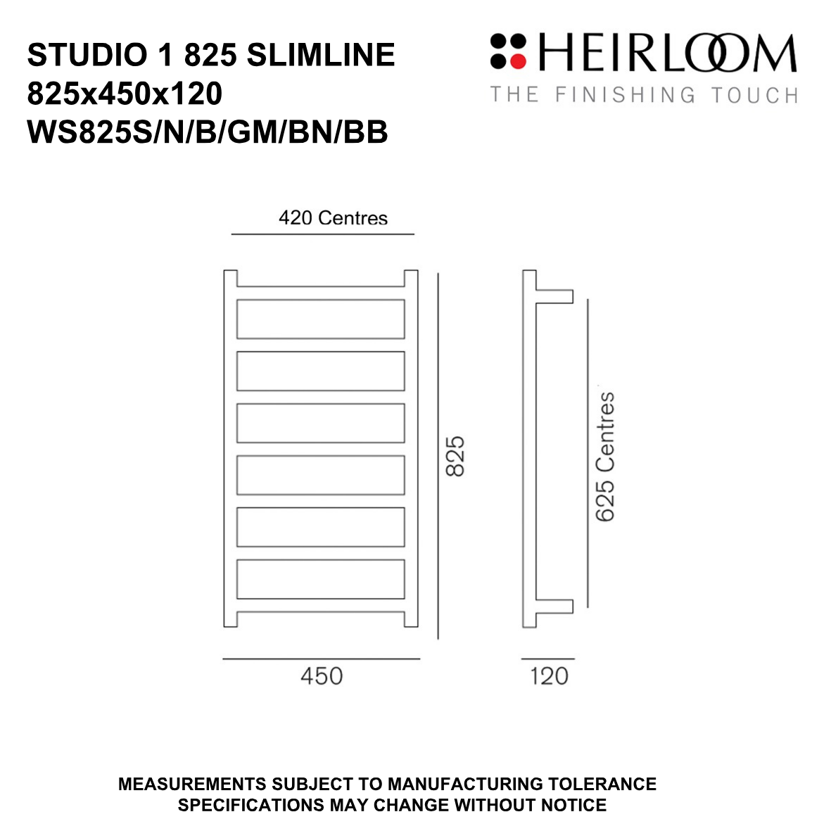 Heirloom Studio 1 Slimline Heated Towel Rail | 825 x 450mm - Available in 6 Colours