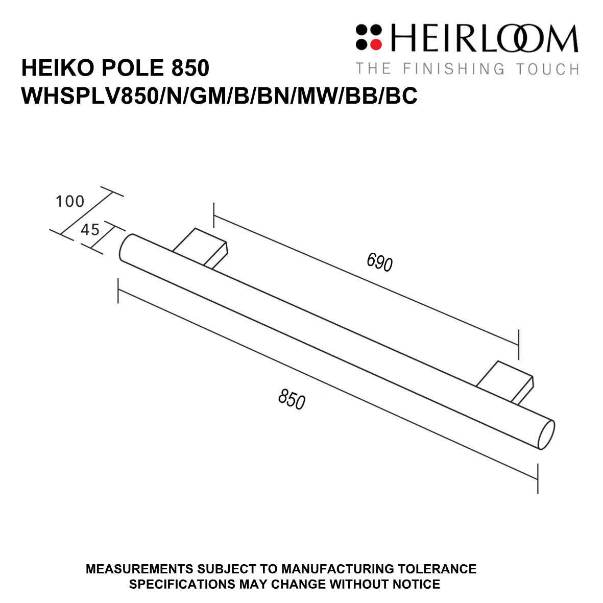 Heirloom Heiko Pole Towel Warmer 850mm | Available in 8 Colours