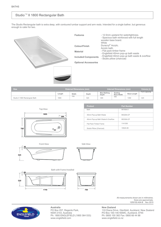 Englefield Studio II Rectangular Bath 1800mm