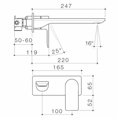 Caroma Urbane II Wall Basin/Bath Mixer (Rectangular Cover Plate) 220mm - Available in 5 Colours