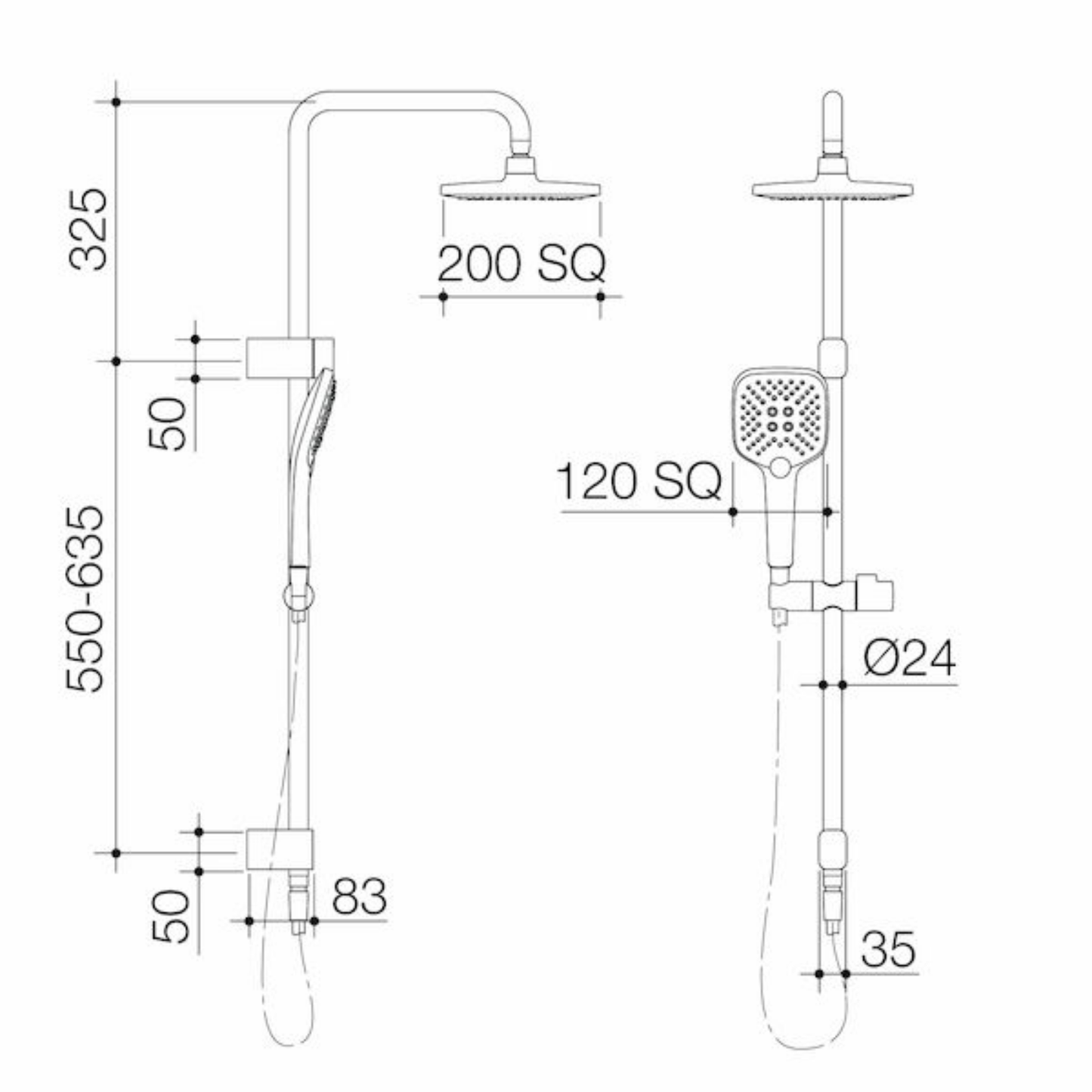 Caroma Luna System Overhead Shower on Rail | Available in 4 Colours