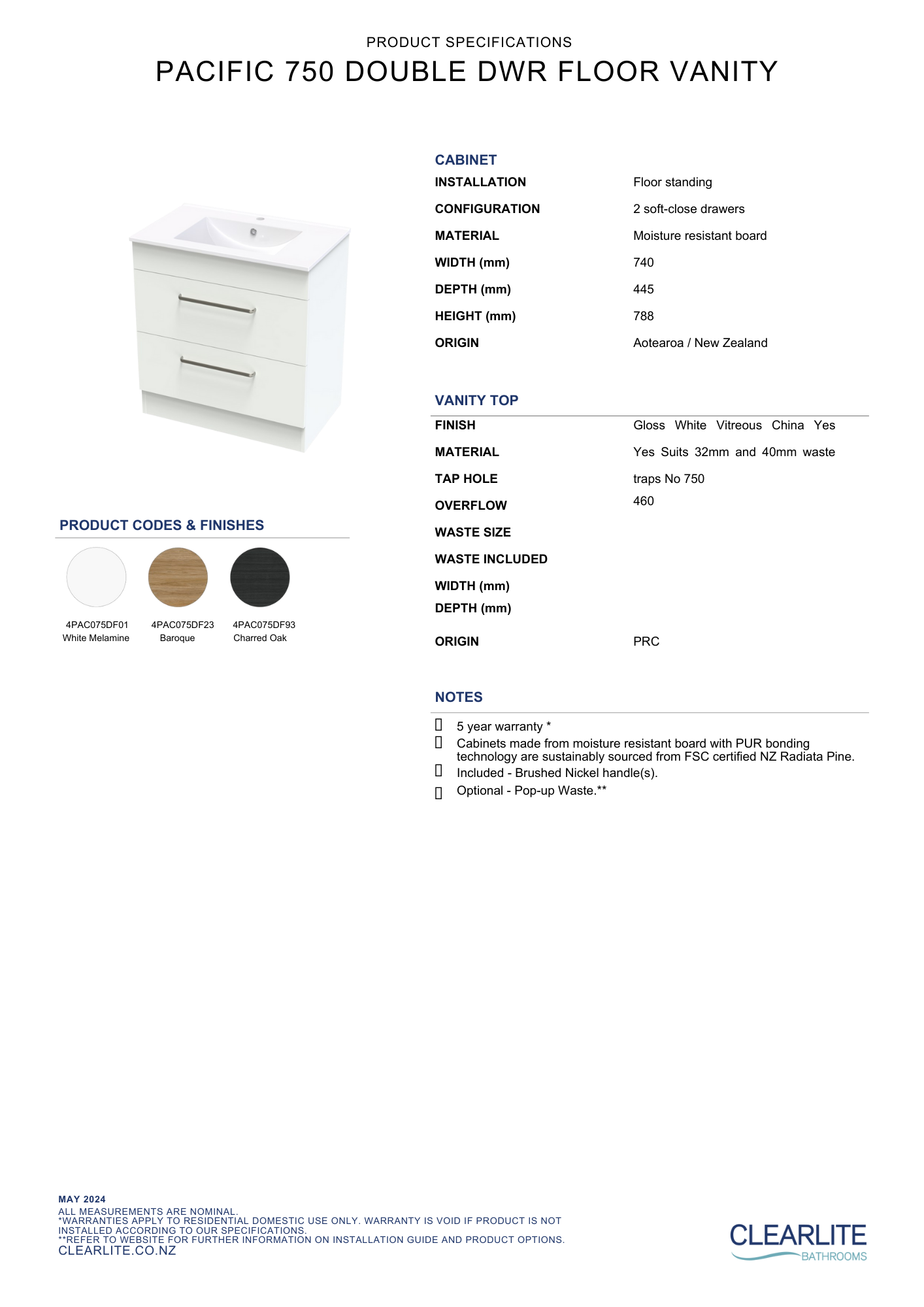 Clearlite Pacific Double Drawer Floor Standing Vanity 750mm - Available in 3 Colours