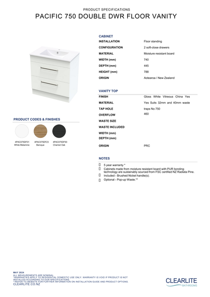 Clearlite Pacific Double Drawer Floor Standing Vanity 750mm - Available in 3 Colours