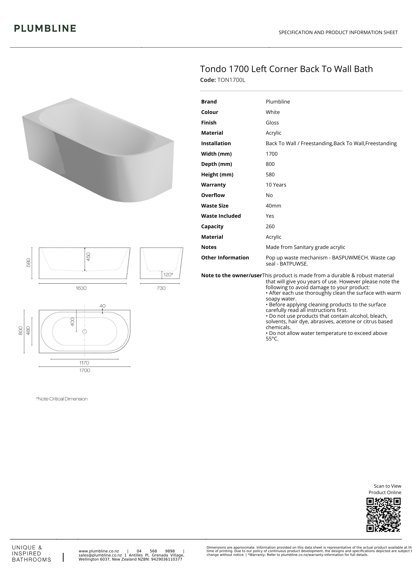Plumbline Tondo Back To Wall Bath | Left Corner 1700mm