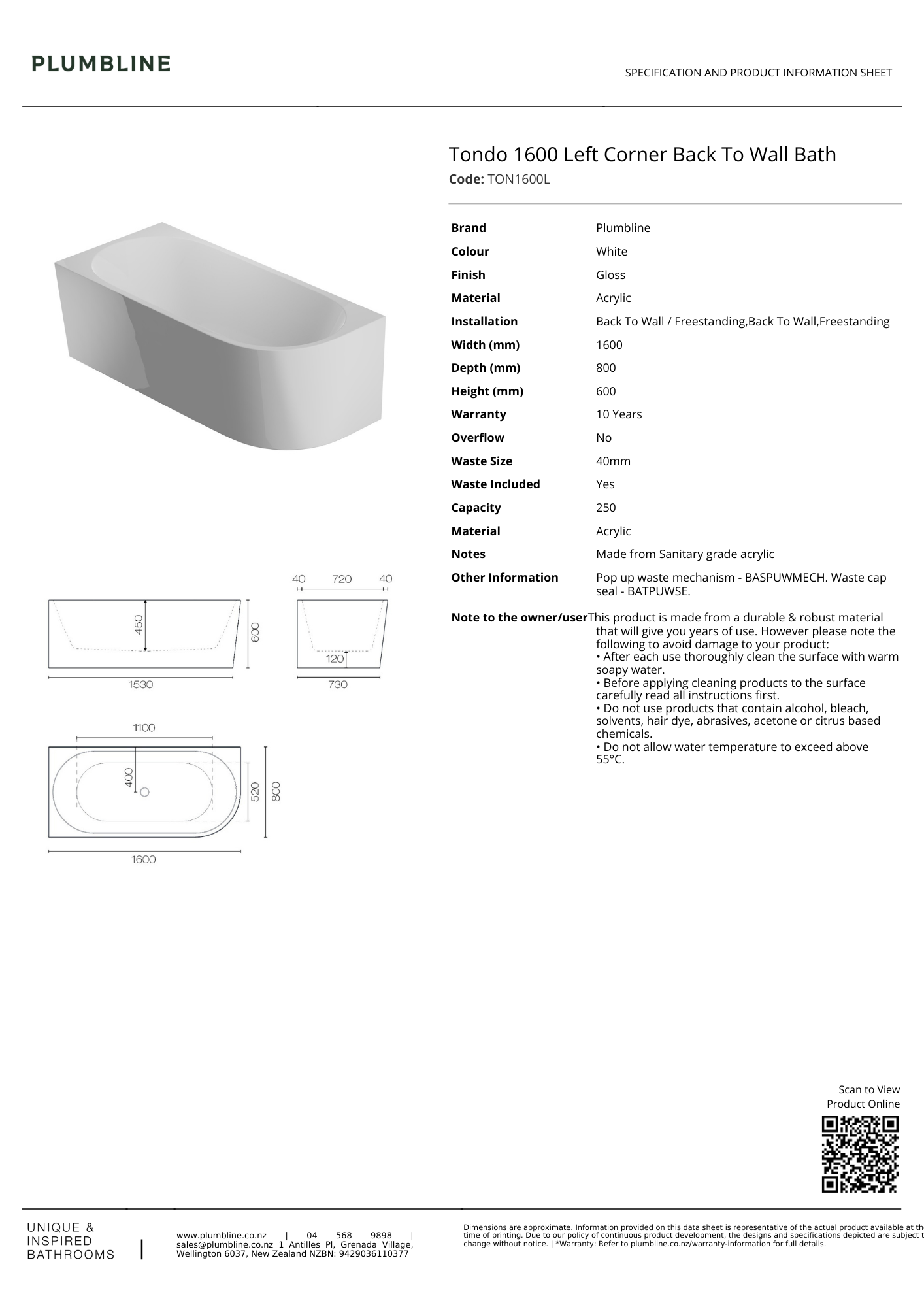 Plumbline Tondo Back To Wall Bath | Left Corner 1600mm