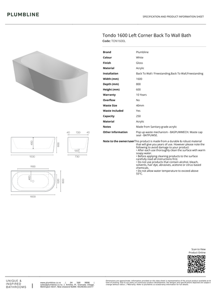 Plumbline Tondo Back To Wall Bath | Left Corner 1600mm