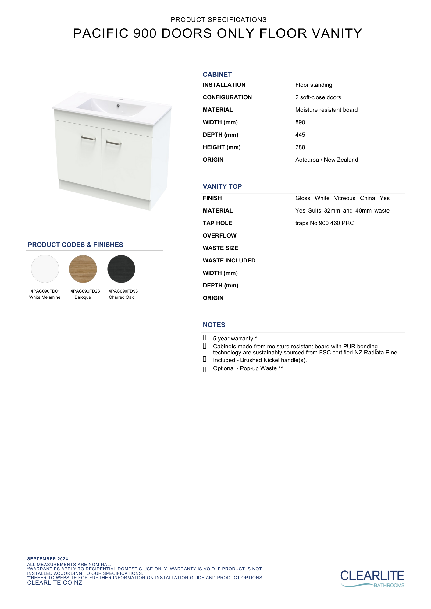 Clearlite Pacific Door Only Floor Standing Vanity 900mm - Available in 3 Colours