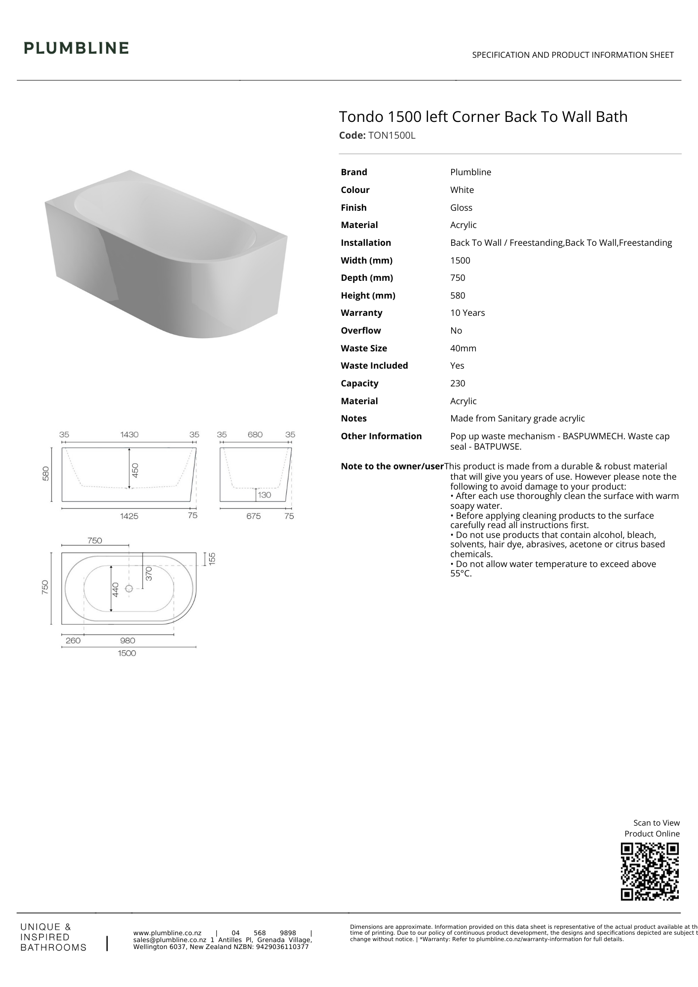 Plumbline Tondo Back To Wall Bath | Left Corner 1500mm