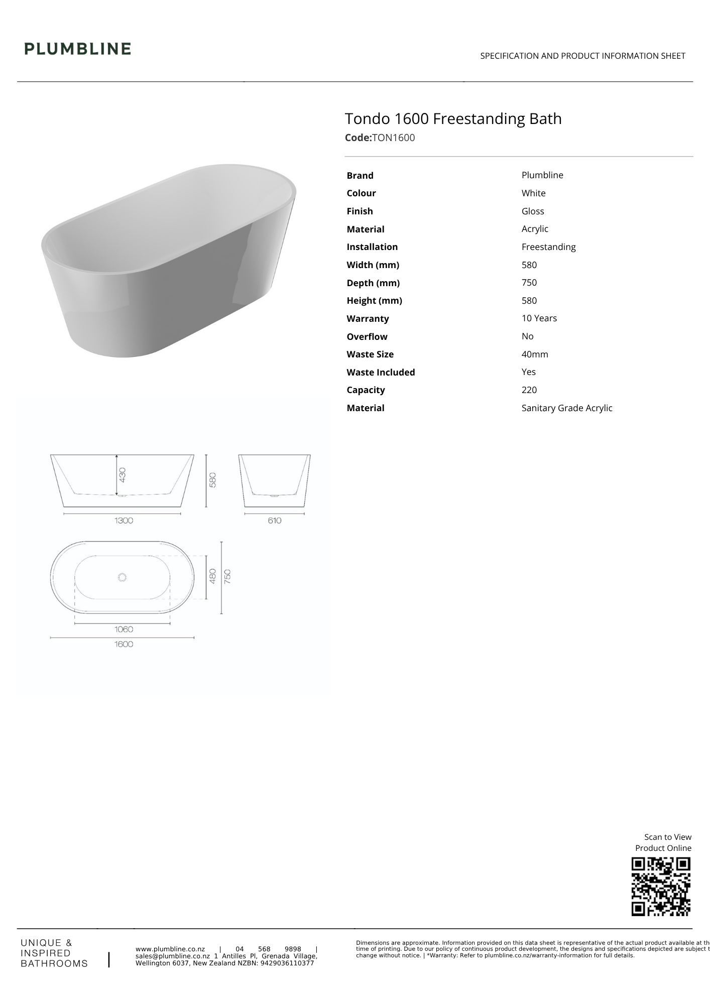 Plumbline Tondo Freestanding Bath 1600mm