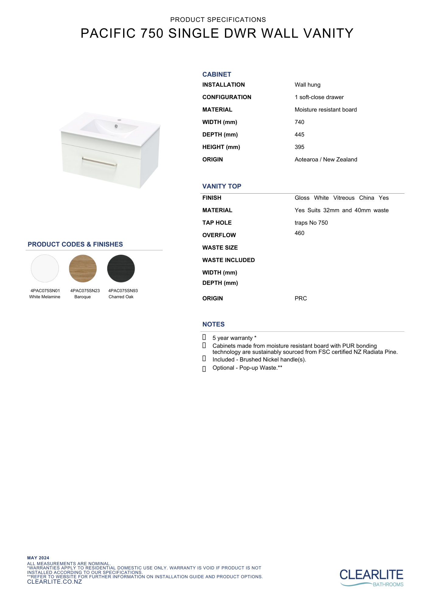 Clearlite Pacific Single Drawer Wall Hung Vanity | 750mm - Available in 3 Colours