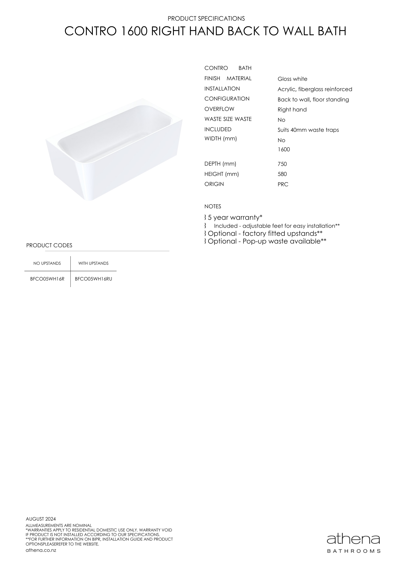 Athena Contro Back To Wall Bath Right Hand 1600mm