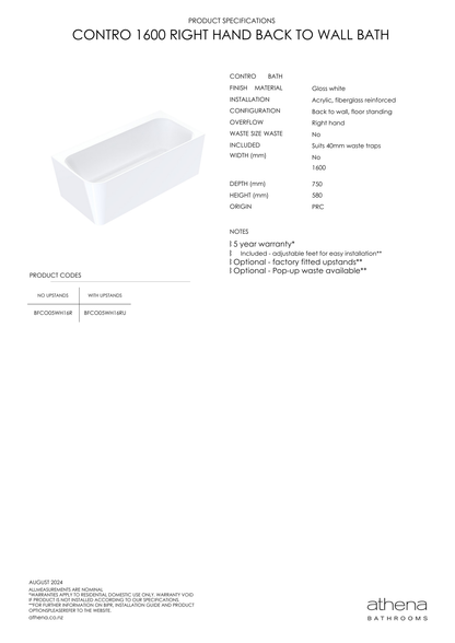 Athena Contro Back To Wall Bath Right Hand 1600mm