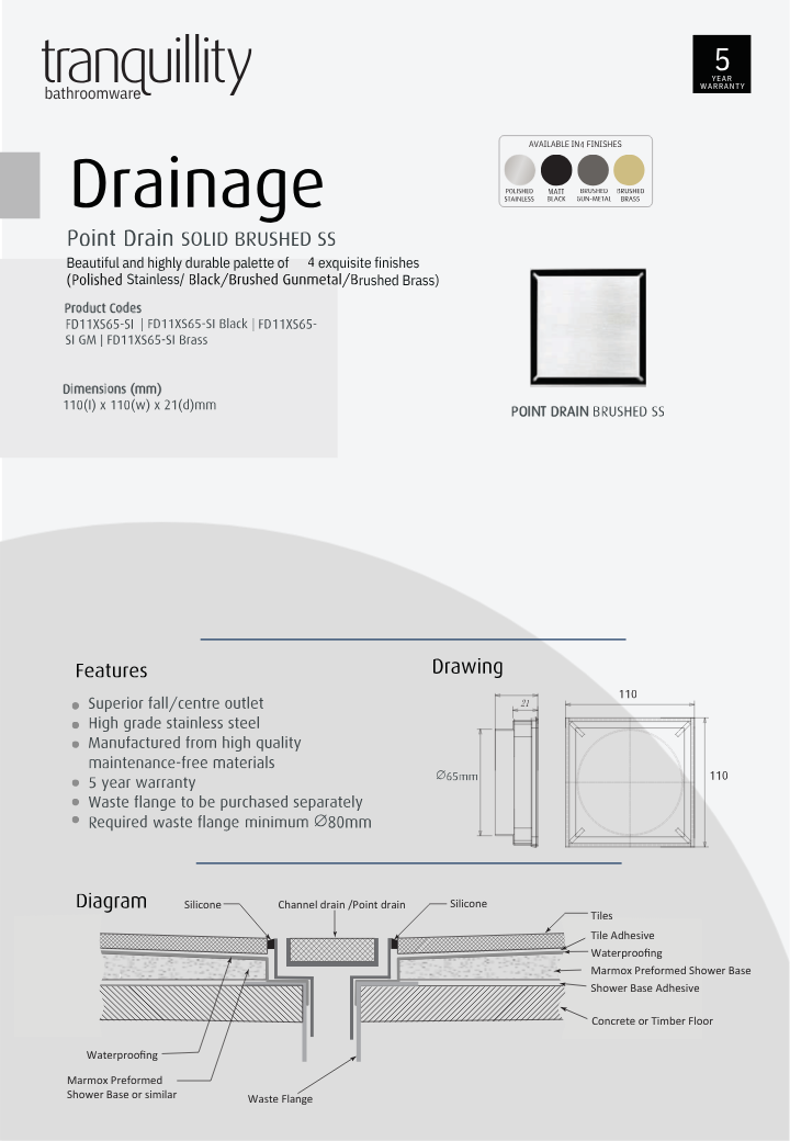 Tranquillity Solid Insert Point Drain 110mm | Available in 4 Colours