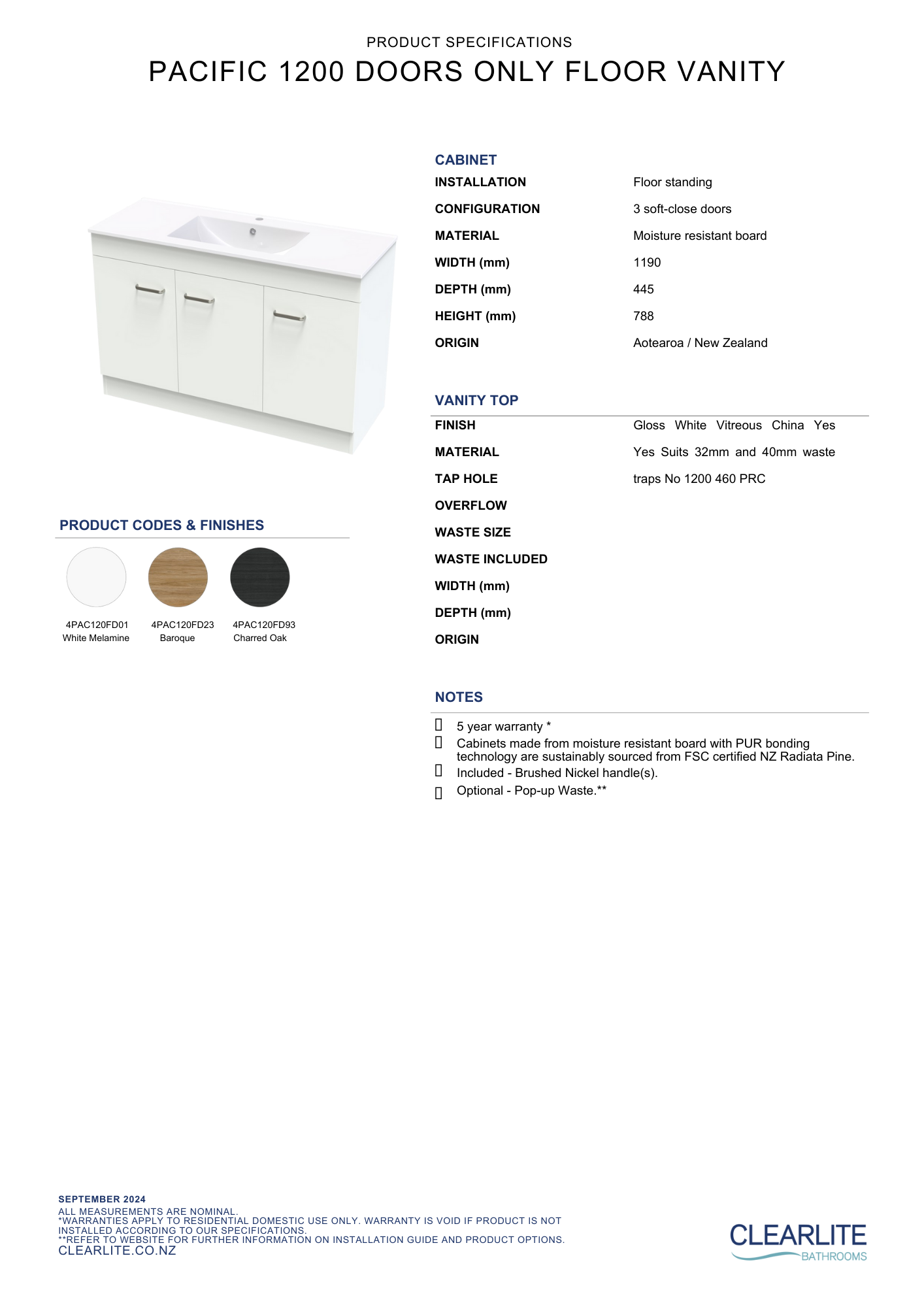 Clearlite Pacific Door Only Floor Standing Vanity 1200mm - Available in 3 Colours