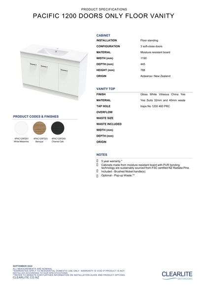 Clearlite Pacific Door Only Floor Standing Vanity 1200mm - Available in 3 Colours