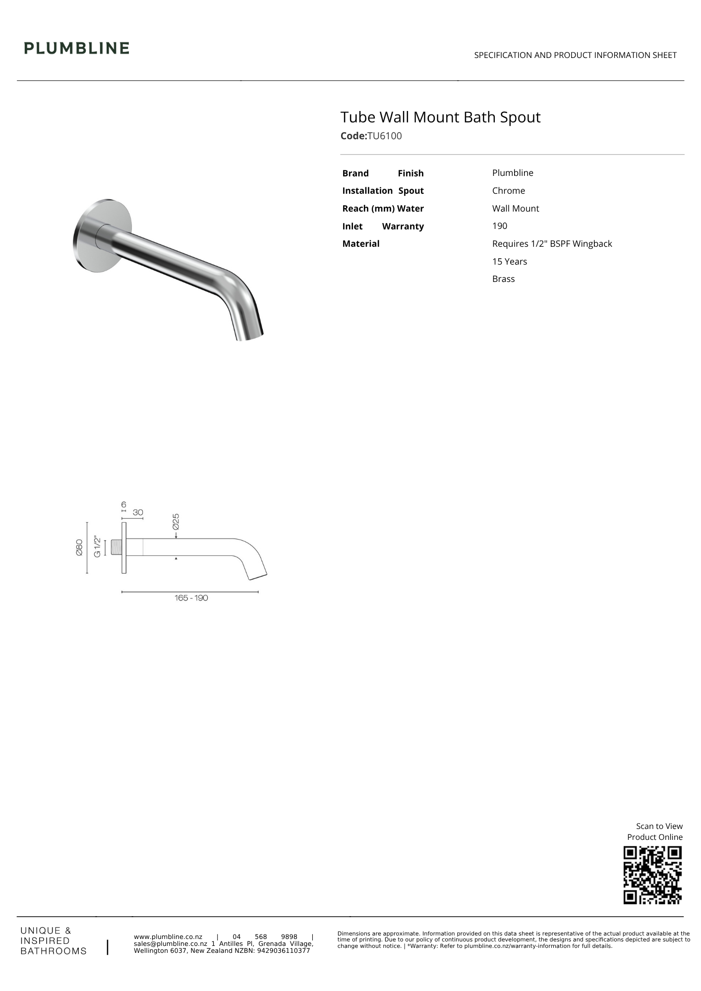 Plumbline Tube Wall Mount Bath Spout | Available in 5 Colours