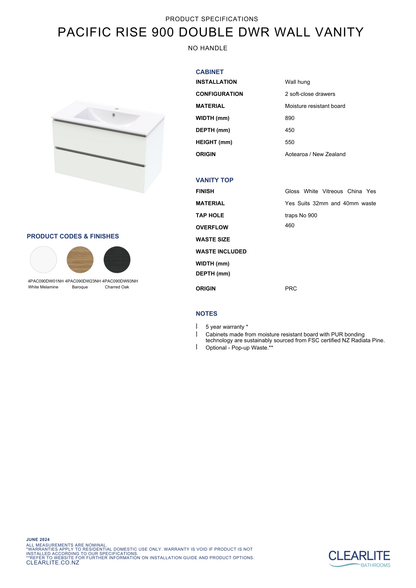 Clearlite Pacific Rise Double Drawer Wall Hung Vanity 900mm - Available in 3 Colours