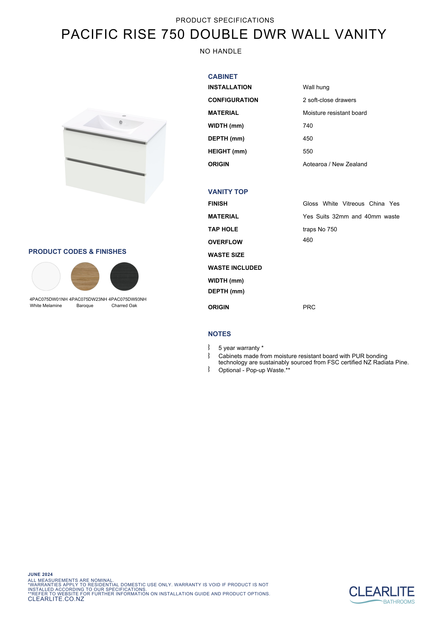 Clearlite Pacific Rise Double Drawer Wall Hung Vanity 750mm - Available in 3 Colours