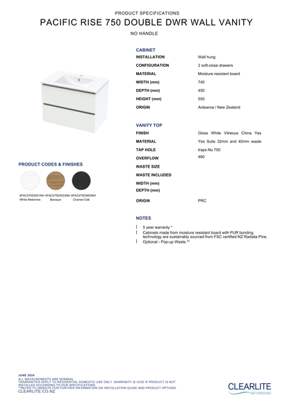Clearlite Pacific Rise Double Drawer Wall Hung Vanity 750mm - Available in 3 Colours