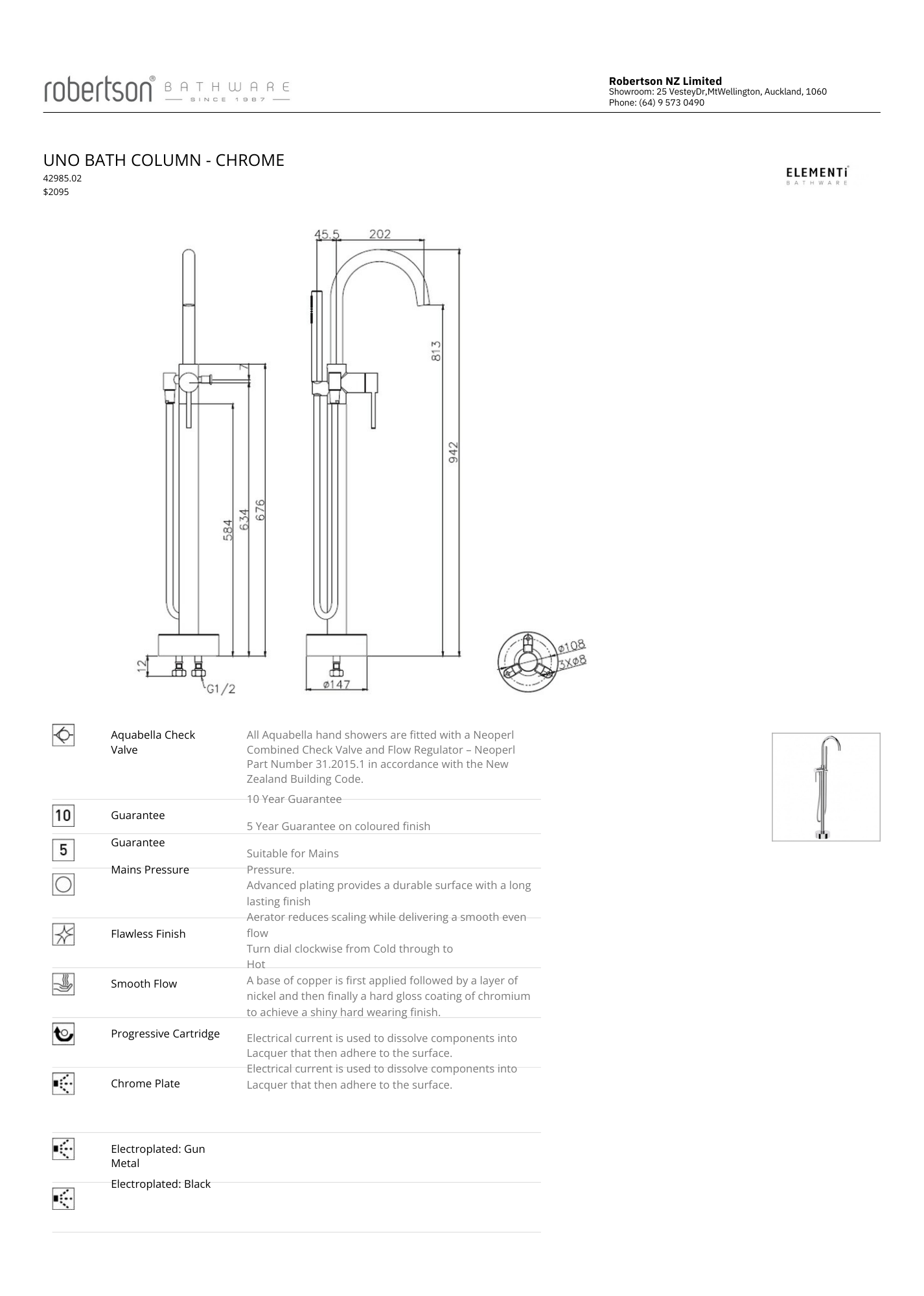 Elementi Uno Bath Column with Hand Shower | Available in 5 Colours
