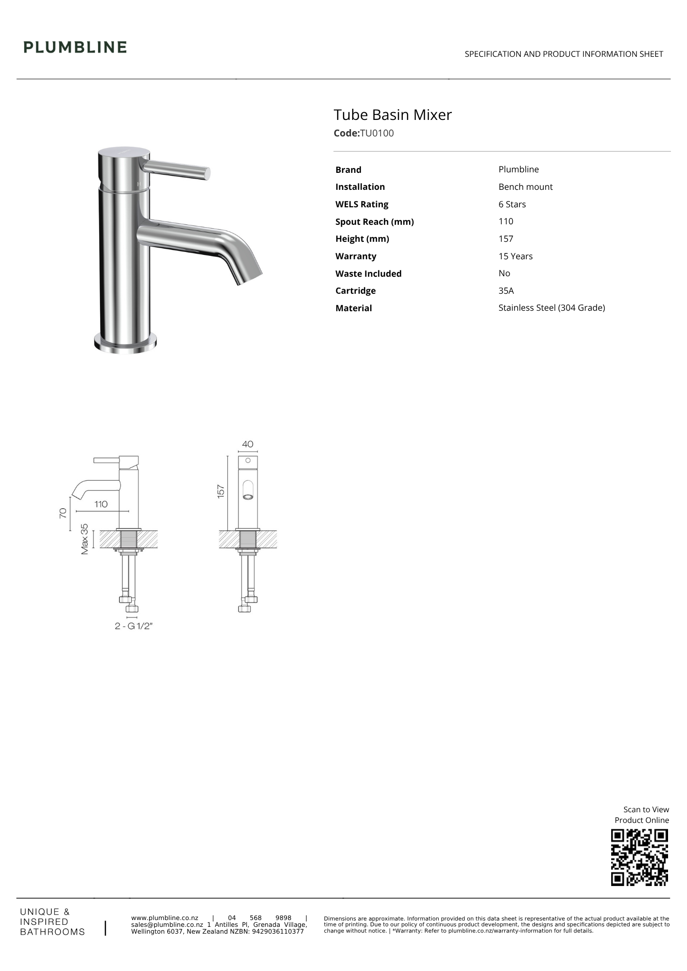 Plumbline Tube Basin Mixer | Available in 5 Colours