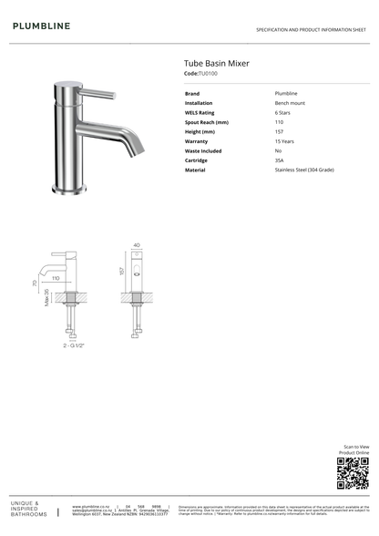 Plumbline Tube Basin Mixer | Available in 5 Colours