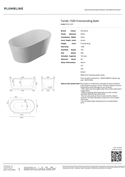 Plumbline Tondo Freestanding Bath 1500mm