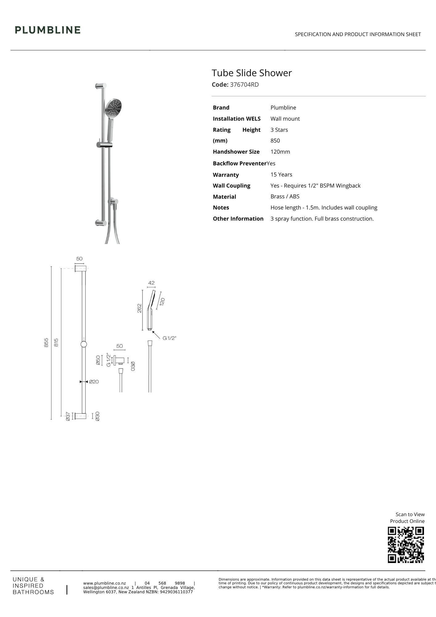 Plumbline Tube Slide Shower | Available in 5 Colours
