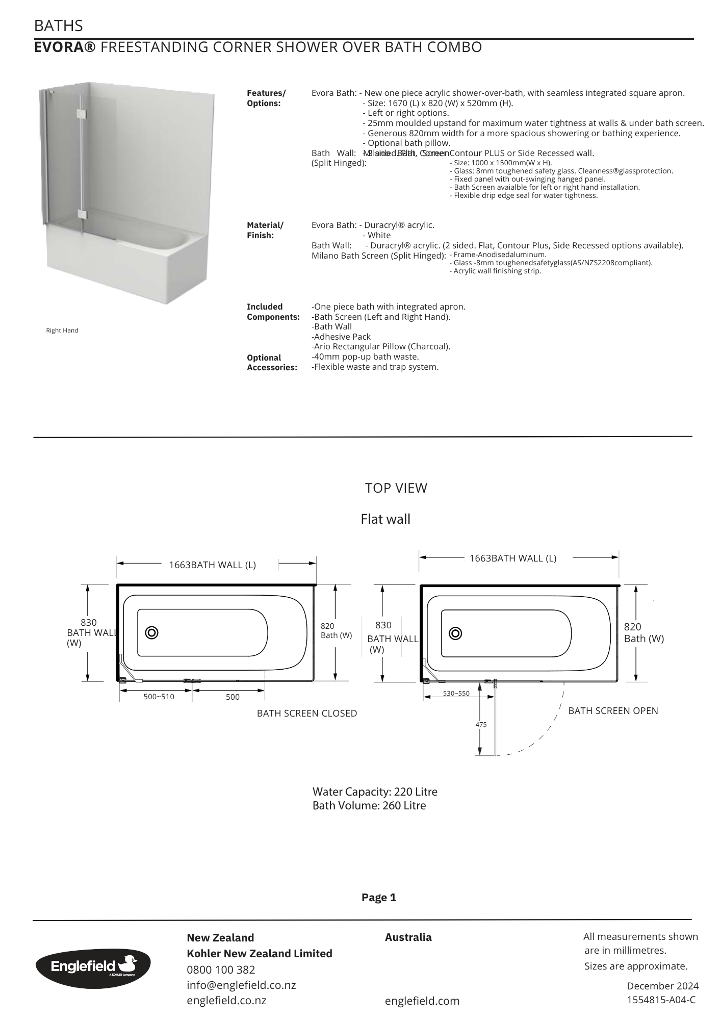 Englefield Evora Freestanding Shower Over Bath Combo with Split Bath Screen