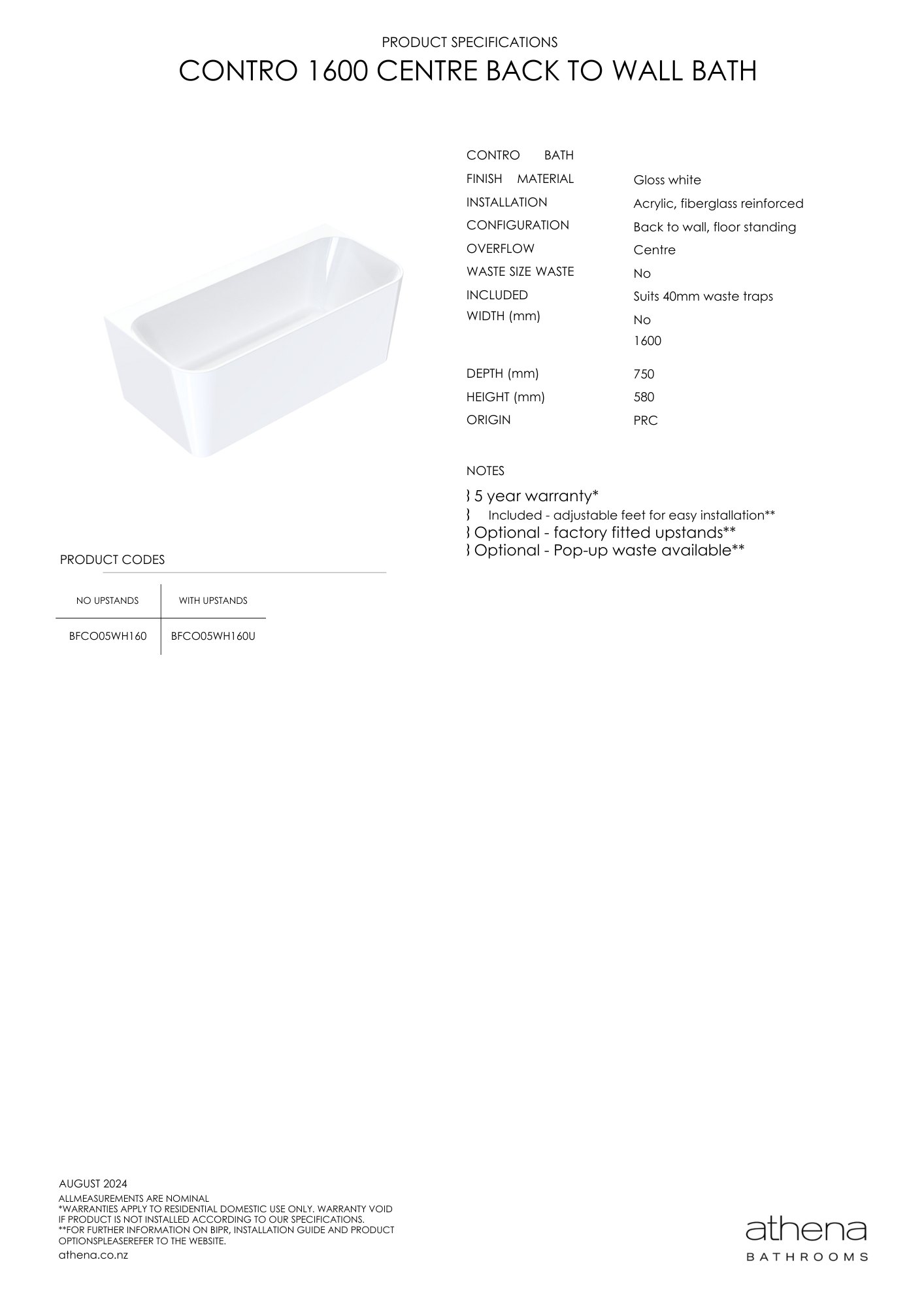 Athena Contro Back To Wall Bath 1600mm