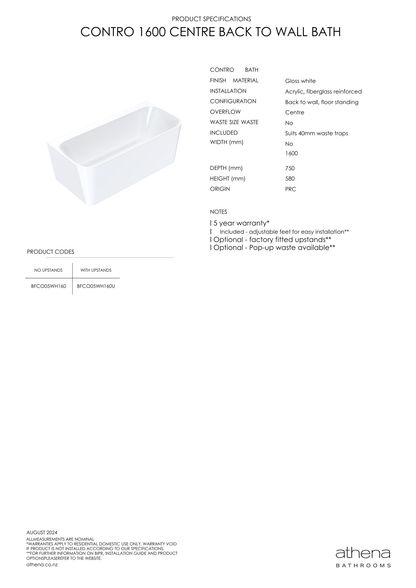 Athena Contro Back To Wall Bath 1600mm
