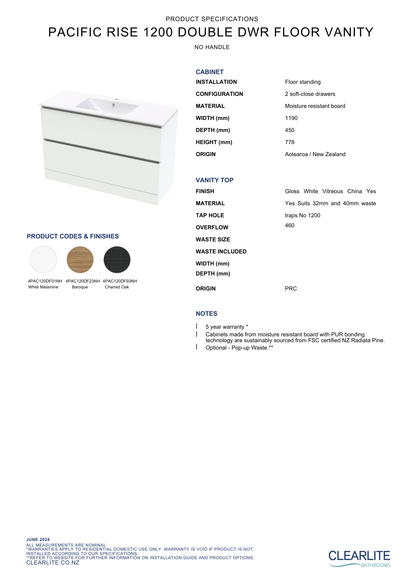 Clearlite Pacific Rise Double Drawer Floor Standing Vanity 1200mm - Available in 3 Colours