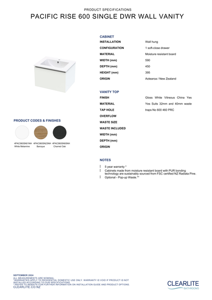 Clearlite Pacific Rise Single Drawer Wall Hung Vanity 600mm - Available in 3 Colours