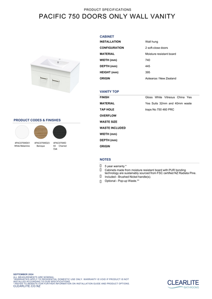 Clearlite Pacific Door Only Wall Hung Vanity 750mm | Available in 3 Colours