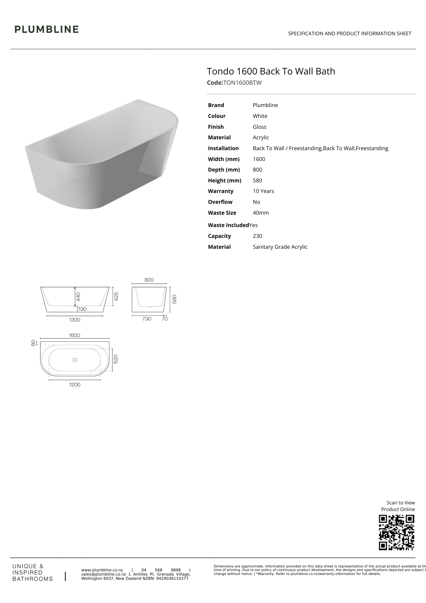 Plumbline Tondo Back To Wall Bath 1600mm