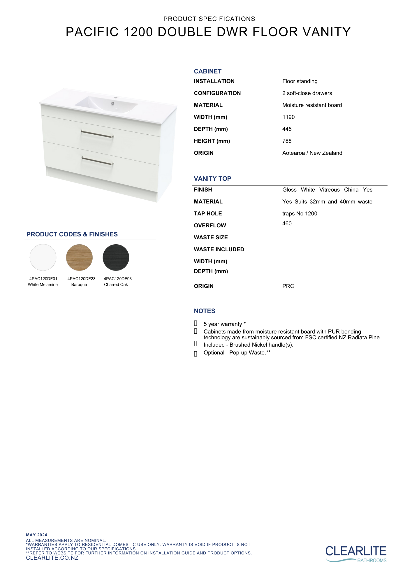 Clearlite Pacific Double Drawer Floor Standing Vanity 1200 - Available in 3 Colours