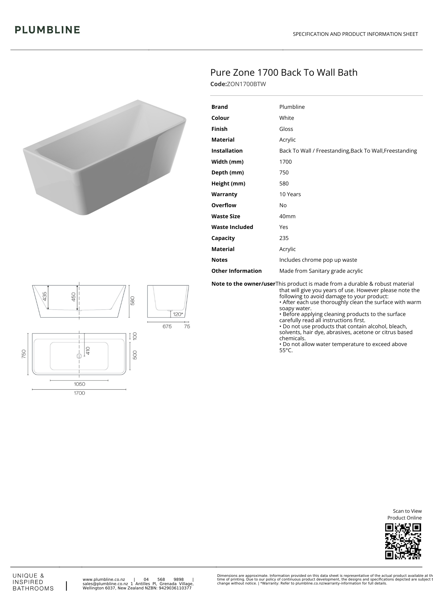 Plumbline Pure Zone Back To Wall Bath 1700mm