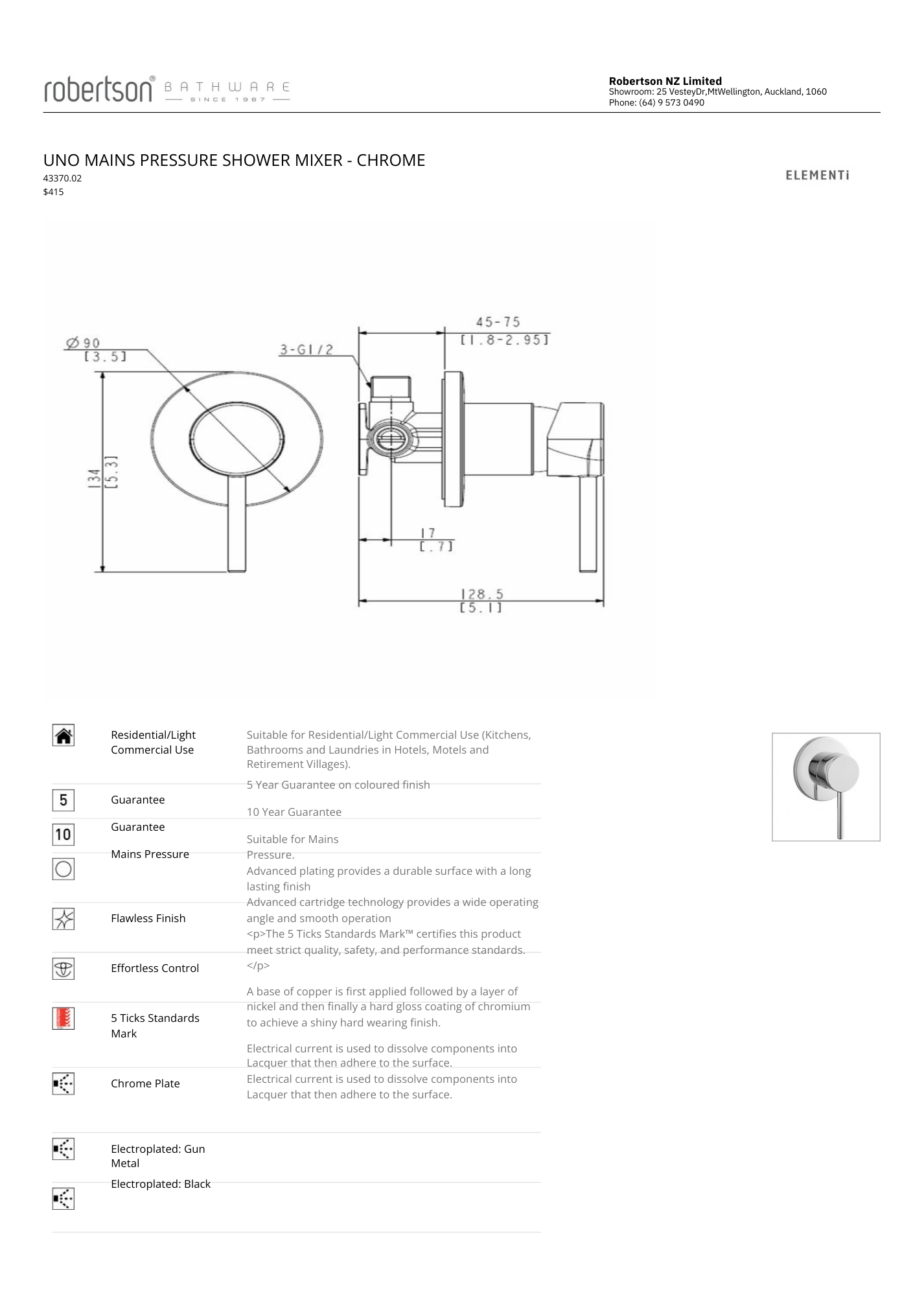 Elementi Uno Mains Pressure Shower Mixer | Available in 5 Colours
