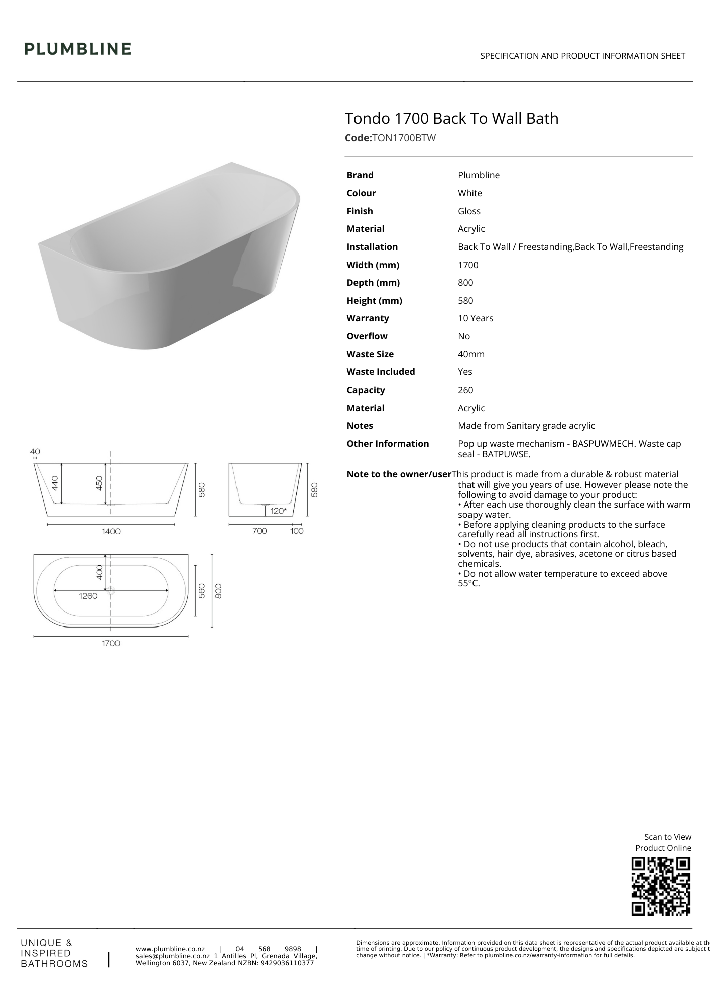 Plumbline Tondo Back To Wall Bath 1700mm