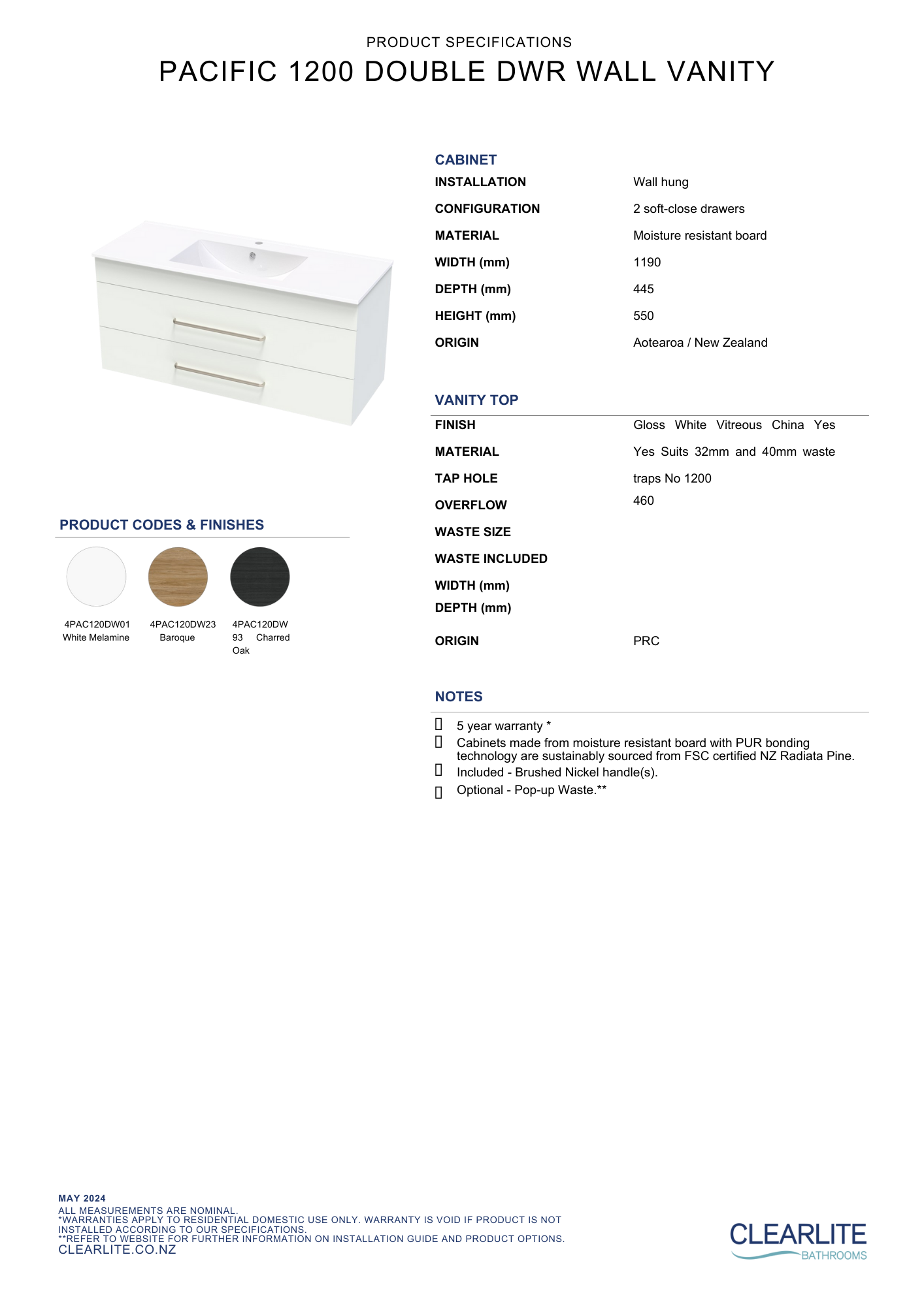 Clearlite Pacific Double Drawer Wall Hung Vanity 1200mm - Available in 3 Colours