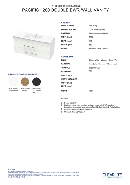 Clearlite Pacific Double Drawer Wall Hung Vanity 1200mm - Available in 3 Colours