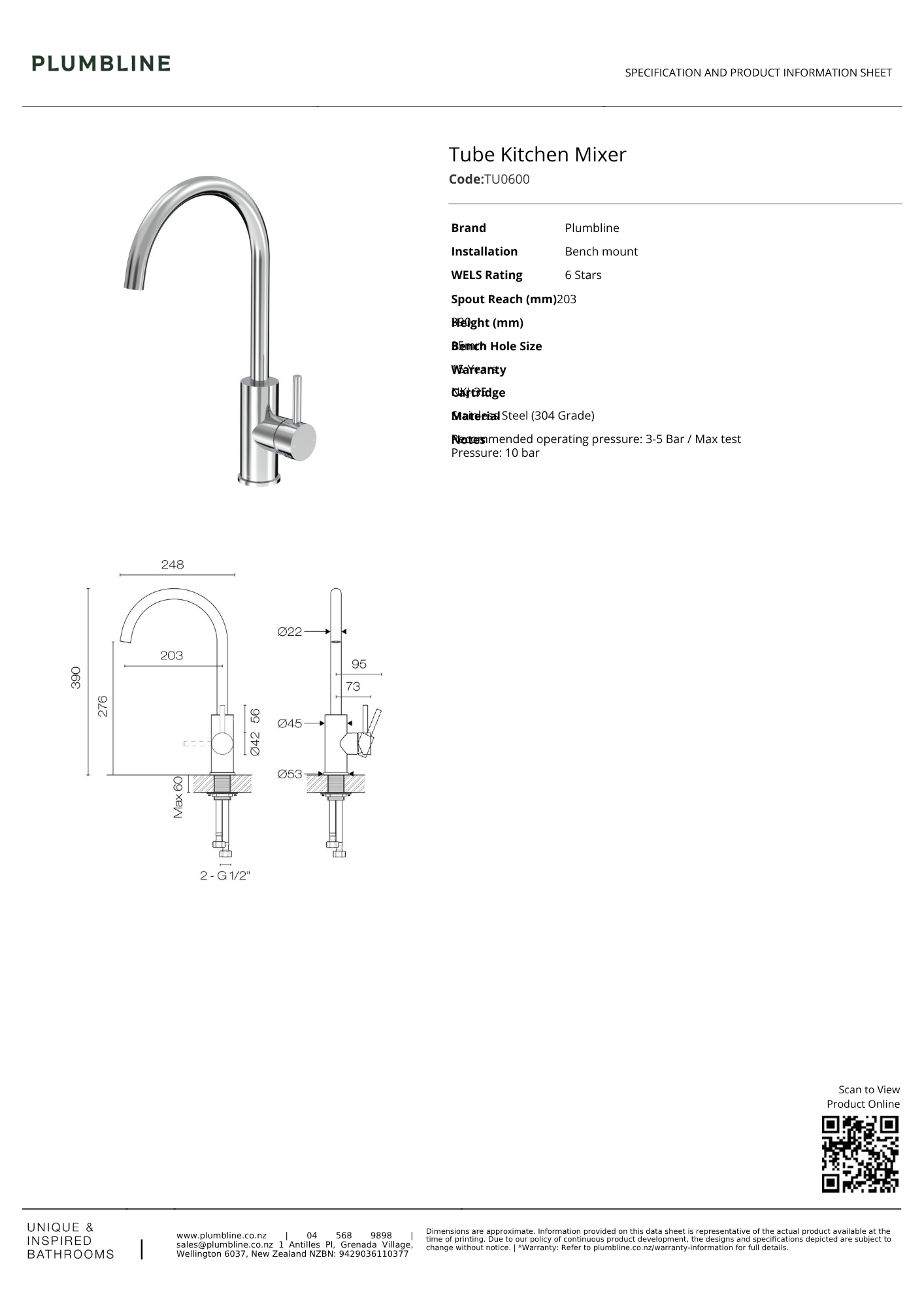 Plumbline Tube Kitchen Mixer | Available in 5 Colours